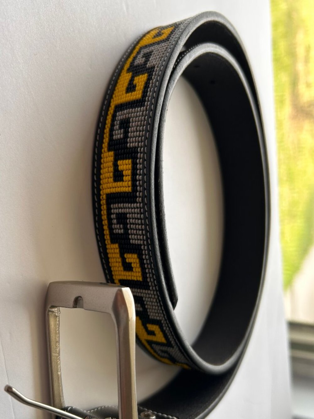 Black Beaded Belt Geometric Pattern Yellow Gray Unisex Faux Leather